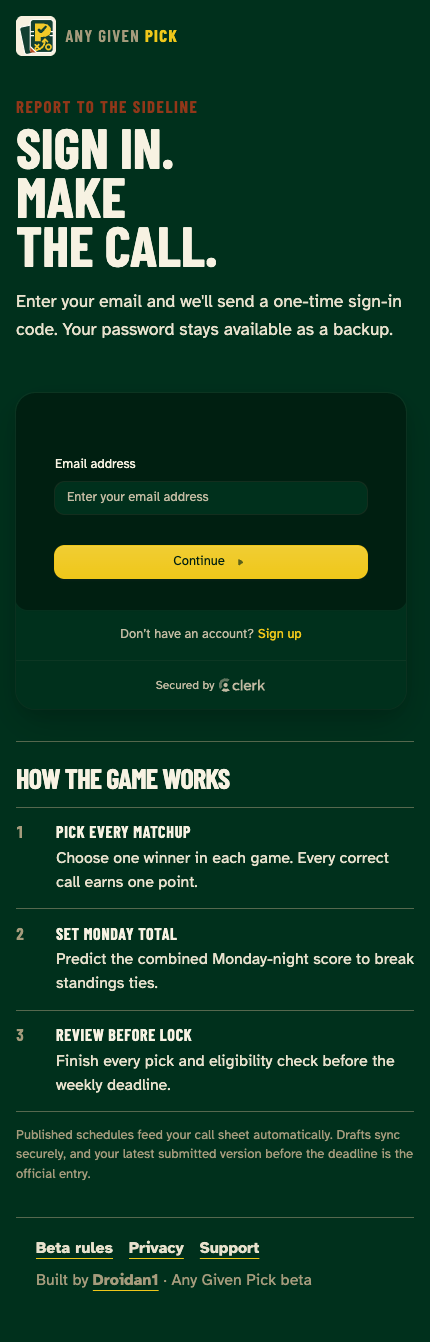 Any Given Pick mobile sign-in screen
