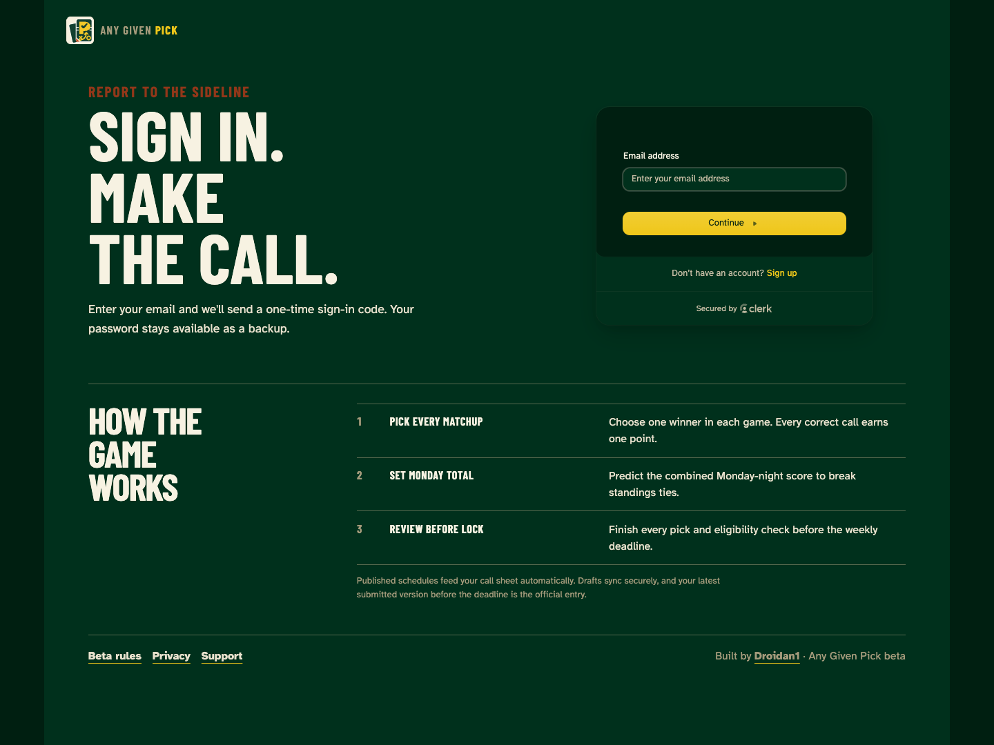 Any Given Pick desktop sign-in page