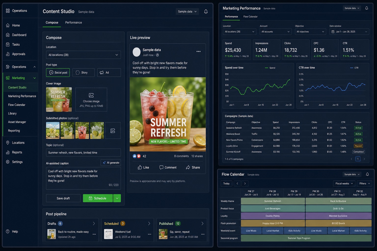 An anonymized marketing workspace with Content Studio, campaign performance, and a promotional calendar