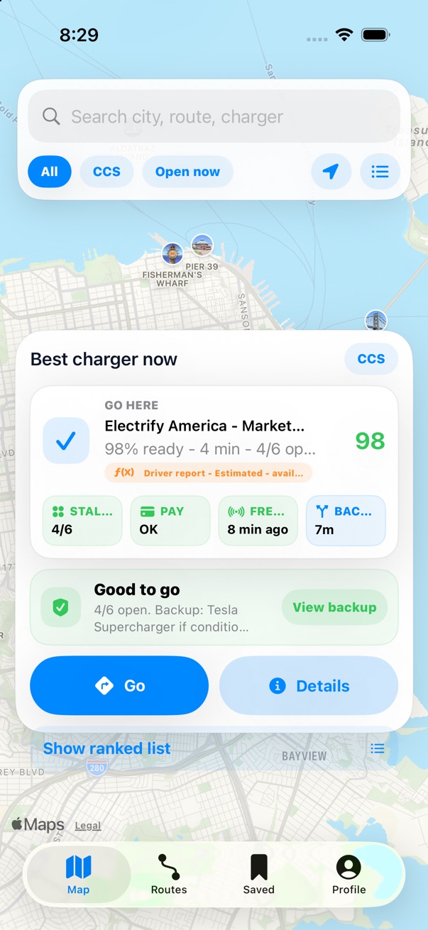 VoltMap charger map ranking nearby charging options
