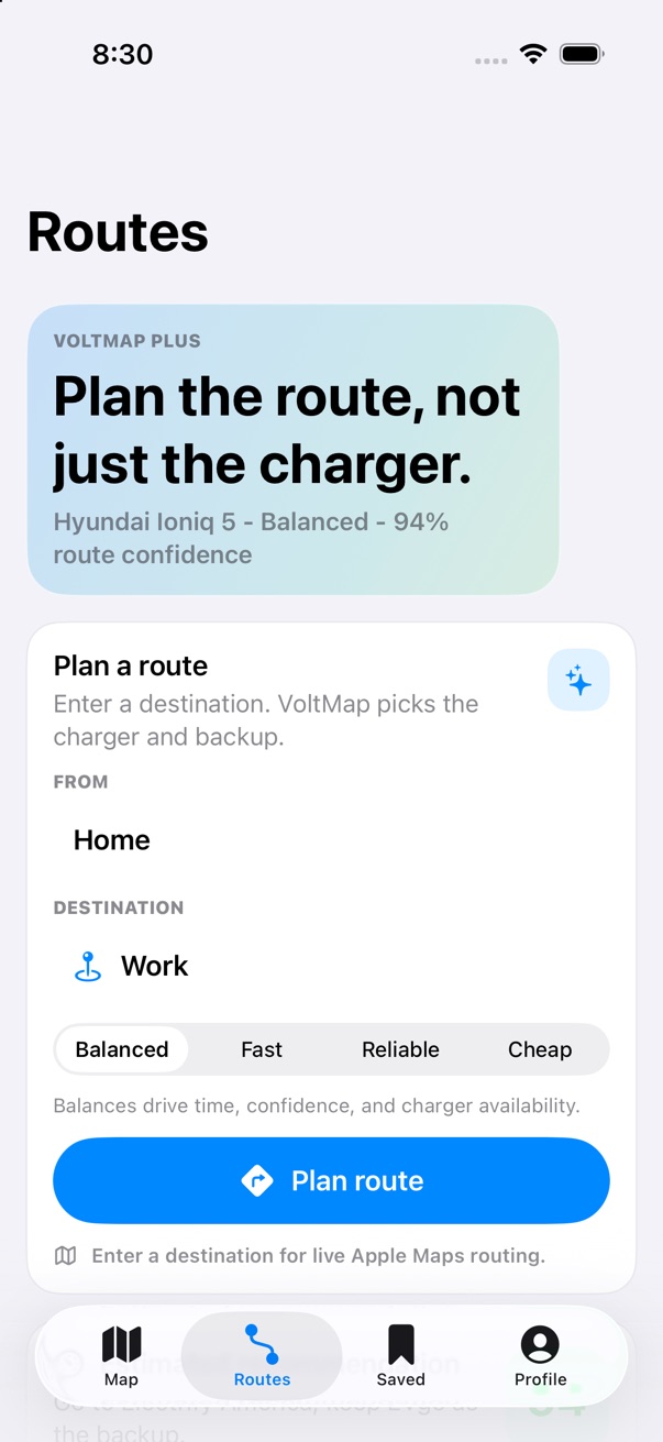 VoltMap route planner with multiple route priorities