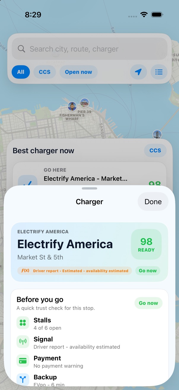 VoltMap charger detail showing availability and readiness